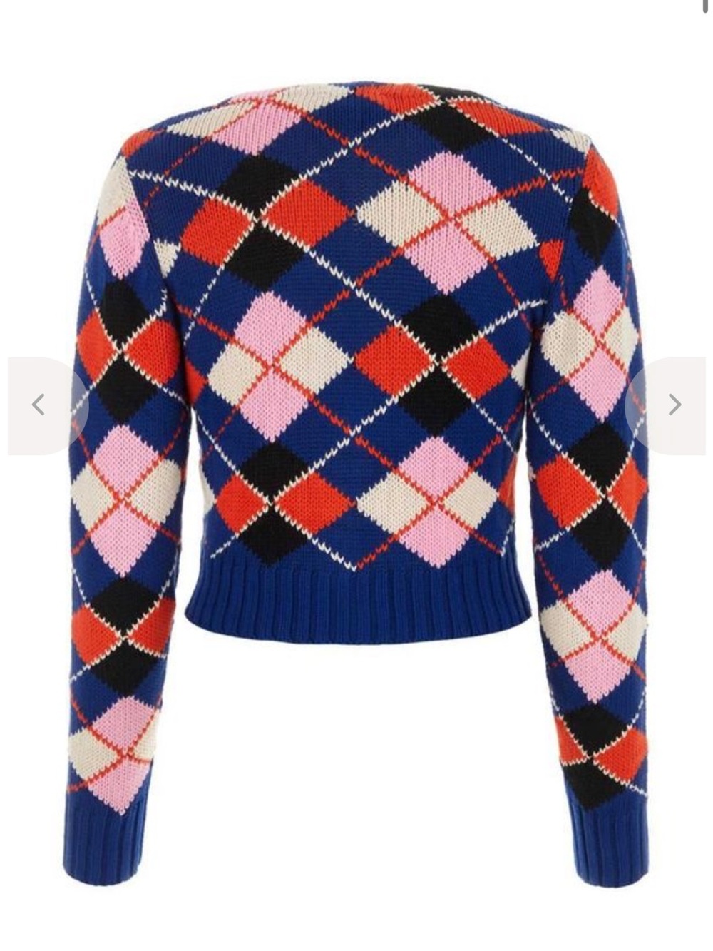 Ganni Blue Argyle V-Neck Cardigan with Pink and Red Accents - Picture 6 of 14
